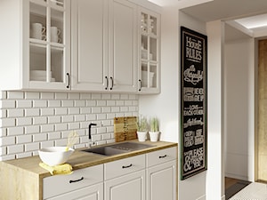 PRZYTULNY EKLEKTYZM - Mała otwarta biała z zabudowaną lodówką z nablatowym zlewozmywakiem kuchnia jednorzędowa, styl nowoczesny - zdjęcie od M!kaDesign