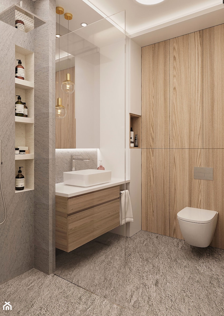 Subtelny Wilanów - Mała bez okna z lustrem z marmurową podłogą łazienka, styl nowoczesny - zdjęcie od M!kaDesign