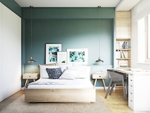 NA ŻOLIBORZU - Średnia biała turkusowa z biurkiem sypialnia, styl nowoczesny - zdjęcie od M!kaDesign
