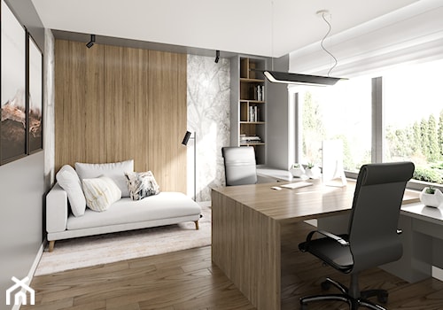 Elegancki dom na Ursynowie - Średnie w osobnym pomieszczeniu z sofą z zabudowanym biurkiem beżowe szare biuro, styl nowoczesny - zdjęcie od M!kaDesign