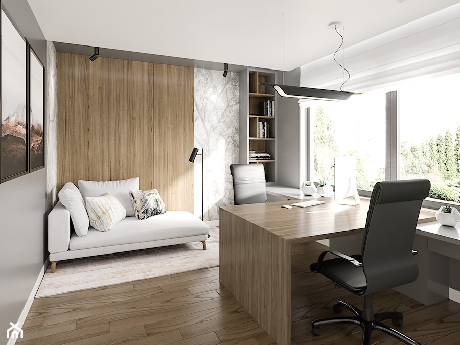 Elegancki dom na Ursynowie - Średnie w osobnym pomieszczeniu z sofą z zabudowanym biurkiem beżowe szare biuro, styl nowoczesny - zdjęcie od M!kaDesign