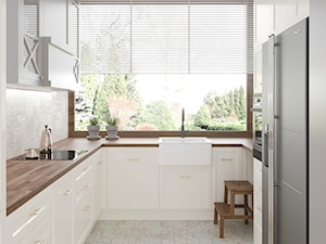 Mokotów z romantyczna nutą - Średnia zamknięta beżowa biała szara z zabudowaną lodówką z lodówką wolnostojącą z nablatowym zlewozmywakiem kuchnia w kształcie litery u z oknem, styl nowoczesny - zdjęcie od M!kaDesign