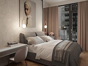 Minimalizm w praskim Koneserze - Średnia beżowa z biurkiem sypialnia z balkonem / tarasem, styl minimalistyczny - zdjęcie od M!kaDesign