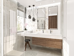 Elegancki dom na Ursynowie - Średnia z lustrem z dwoma umywalkami z punktowym oświetleniem łazienka z oknem, styl nowoczesny - zdjęcie od M!kaDesign