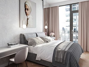 Minimalizm w praskim Koneserze - Średnia biała szara z biurkiem sypialnia z balkonem / tarasem, styl minimalistyczny - zdjęcie od M!kaDesign