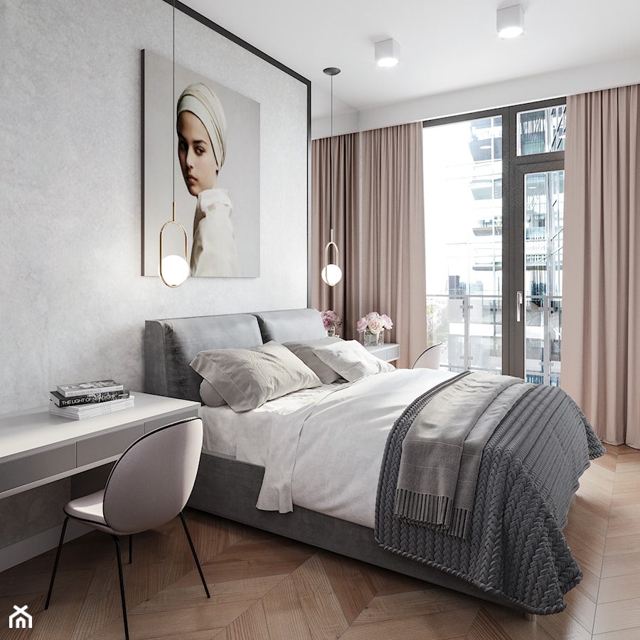 Minimalizm w praskim Koneserze - Średnia biała szara z biurkiem sypialnia z balkonem / tarasem, styl minimalistyczny - zdjęcie od M!kaDesign