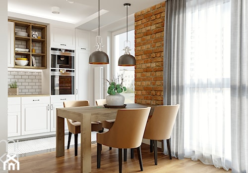 PRZYTULNY EKLEKTYZM - Średnia biała brązowa jadalnia w salonie w kuchni, styl nowoczesny - zdjęcie od M!kaDesign