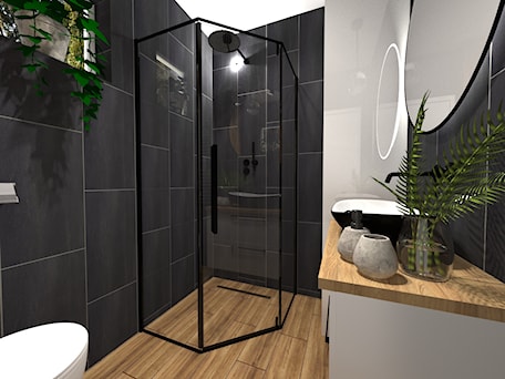 Aranżacje wnętrz - Łazienka: Mała łazienka z prysznicem w czerni i drewnie - Leroy Merlin Krosno. Przeglądaj, dodawaj i zapisuj najlepsze zdjęcia, pomysły i inspiracje designerskie. W bazie mamy już prawie milion fotografii!