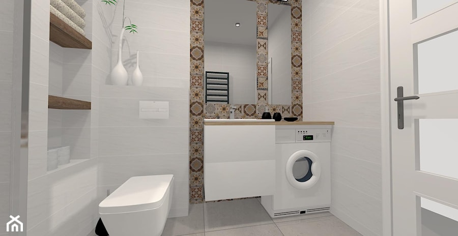 Łazienka biel z patchworkiem - Średnia bez okna z pralką / suszarką z punktowym oświetleniem łazienka, styl nowoczesny - zdjęcie od Leroy Merlin Krosno