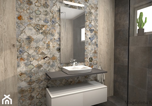 Łazienka szara z drewnem - Mała z lustrem łazienka z oknem, styl nowoczesny - zdjęcie od Leroy Merlin Krosno
