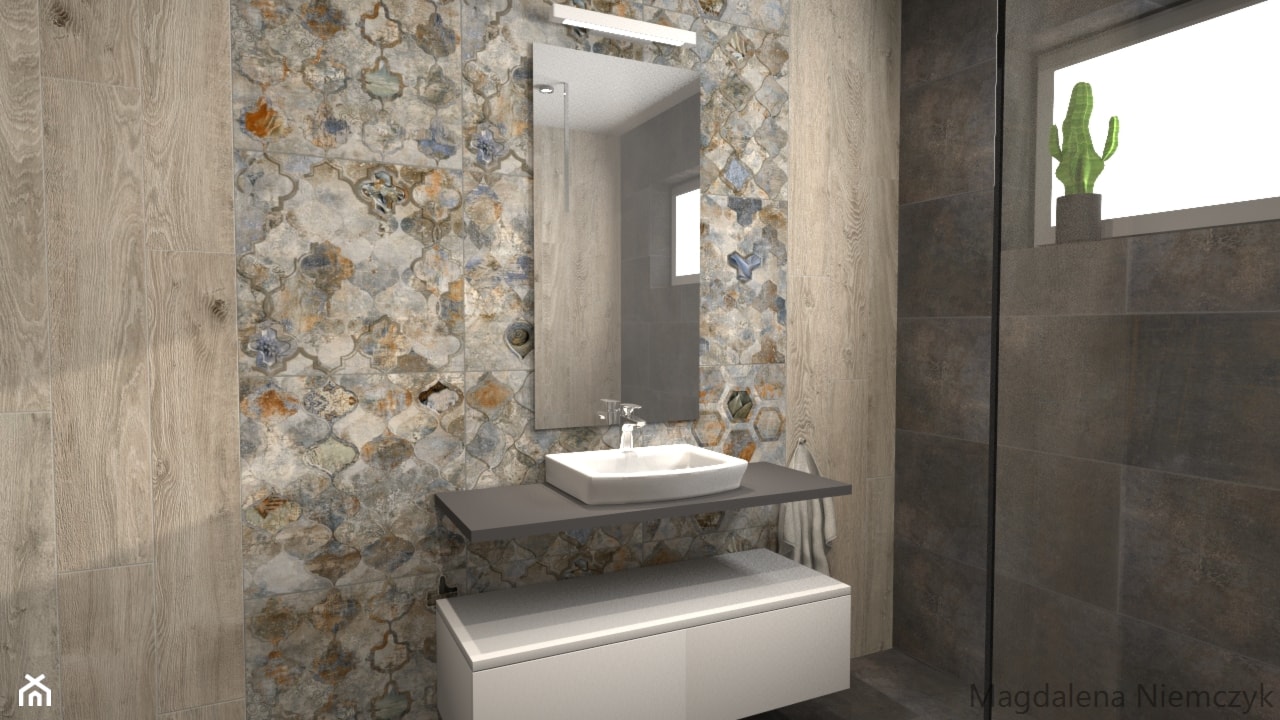 Łazienka szara z drewnem - Mała z lustrem łazienka z oknem, styl nowoczesny - zdjęcie od Leroy Merlin Krosno - Homebook
