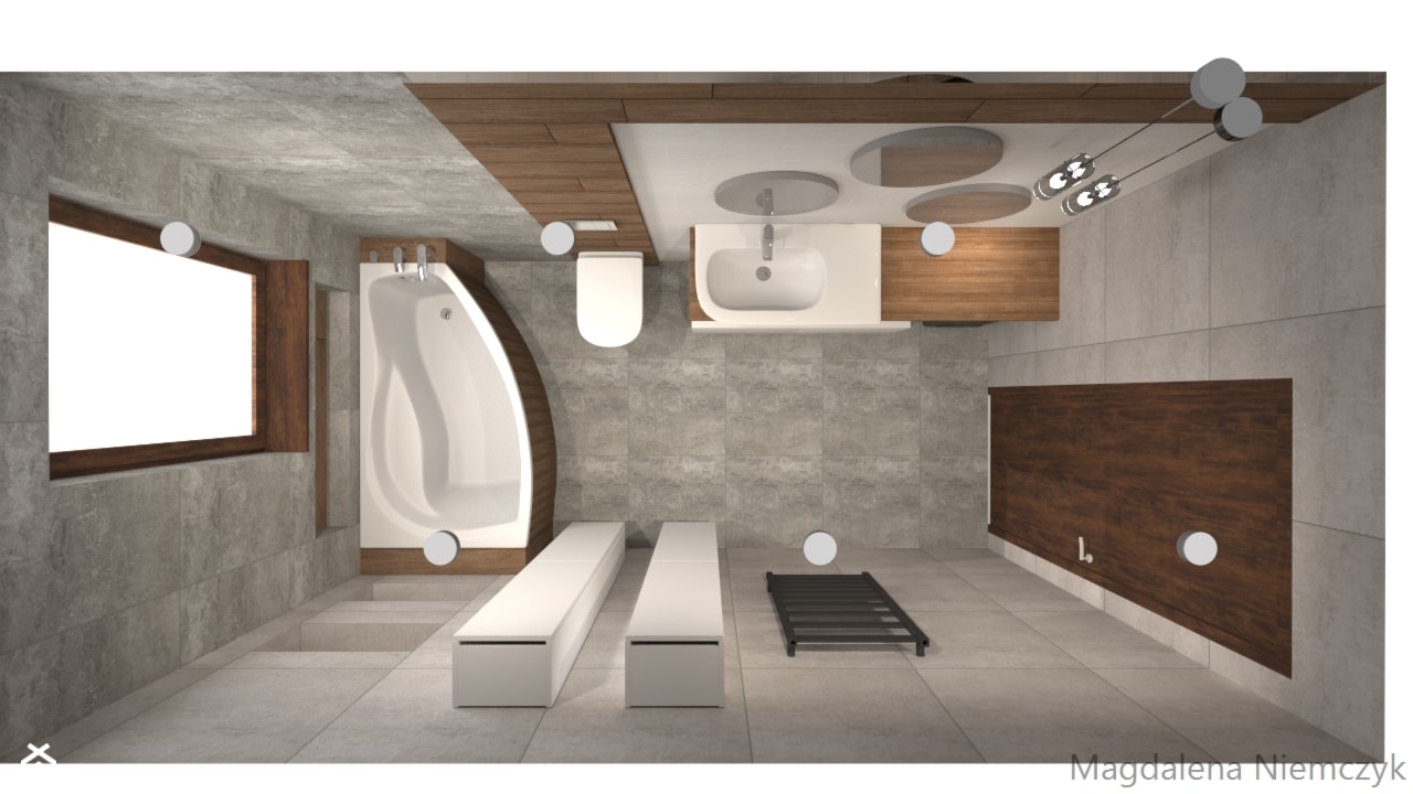 Beton z drewnem - Średnia z pralką / suszarką z lustrem z punktowym oświetleniem łazienka z oknem, styl nowoczesny - zdjęcie od Leroy Merlin Krosno - Homebook