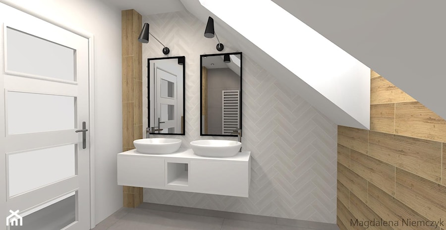 Beton Intero z drewnem - Średnia na poddaszu z dwoma umywalkami z punktowym oświetleniem łazienka z oknem, styl nowoczesny - zdjęcie od Leroy Merlin Krosno