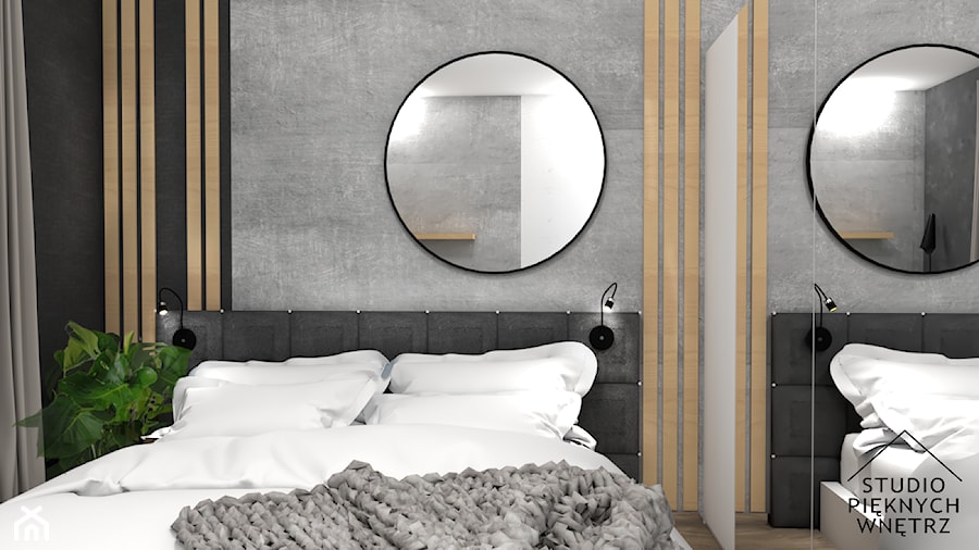Mieszkanie pod wynajem z meblami z sieciówek - Mała czarna szara sypialnia, styl skandynawski - zdjęcie od studiopieknychwnetrz