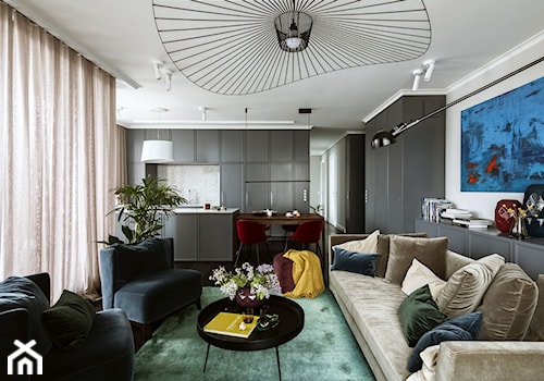 Kolorowe mieszkanie o pow. 100 m2 - Średni biały szary salon z kuchnią z jadalnią, styl nowoczesny - zdjęcie od Archistory