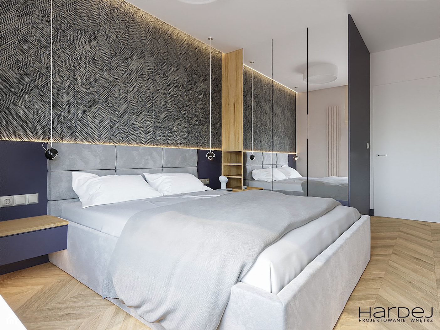 Przytulna sypialnia w nowoczesnym stylu z podłogą w jodełkę francuską - zdjęcie od Monika Hardej Architekt - Homebook