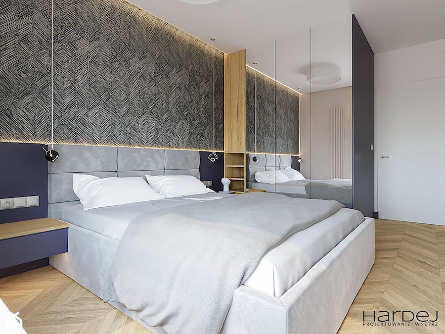 Przytulna sypialnia w nowoczesnym stylu z podłogą w jodełkę francuską - zdjęcie od Monika Hardej Architekt