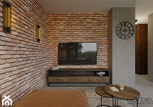 loftowy salon z cegłą rozbiórkową i tynkiem imitacja betonu - zdjęcie od Monika Hardej Architekt