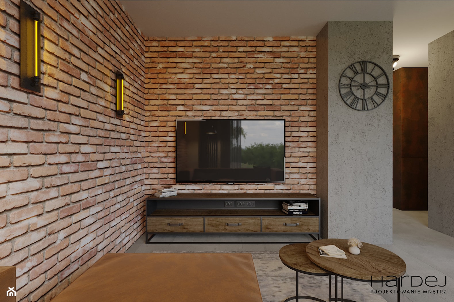 loftowy salon z cegłą rozbiórkową i tynkiem imitacja betonu - zdjęcie od Monika Hardej Architekt - Homebook