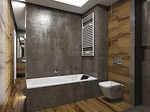 Drewniana podłoga w łazience i fornirowana zabudowa z szafką za WC - zdjęcie od Monika Hardej Architekt
