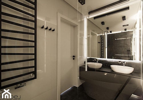 Industrialne inspiracje - Mała bez okna z lustrem z dwoma umywalkami z punktowym oświetleniem łazienka, styl industrialny - zdjęcie od Monika Hardej Architekt
