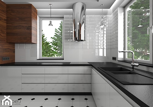 Nowoczesna biała kuchnia stalowy okap wyspowy fronty frezowane bez uchwytów - zdjęcie od Monika Hardej Architekt