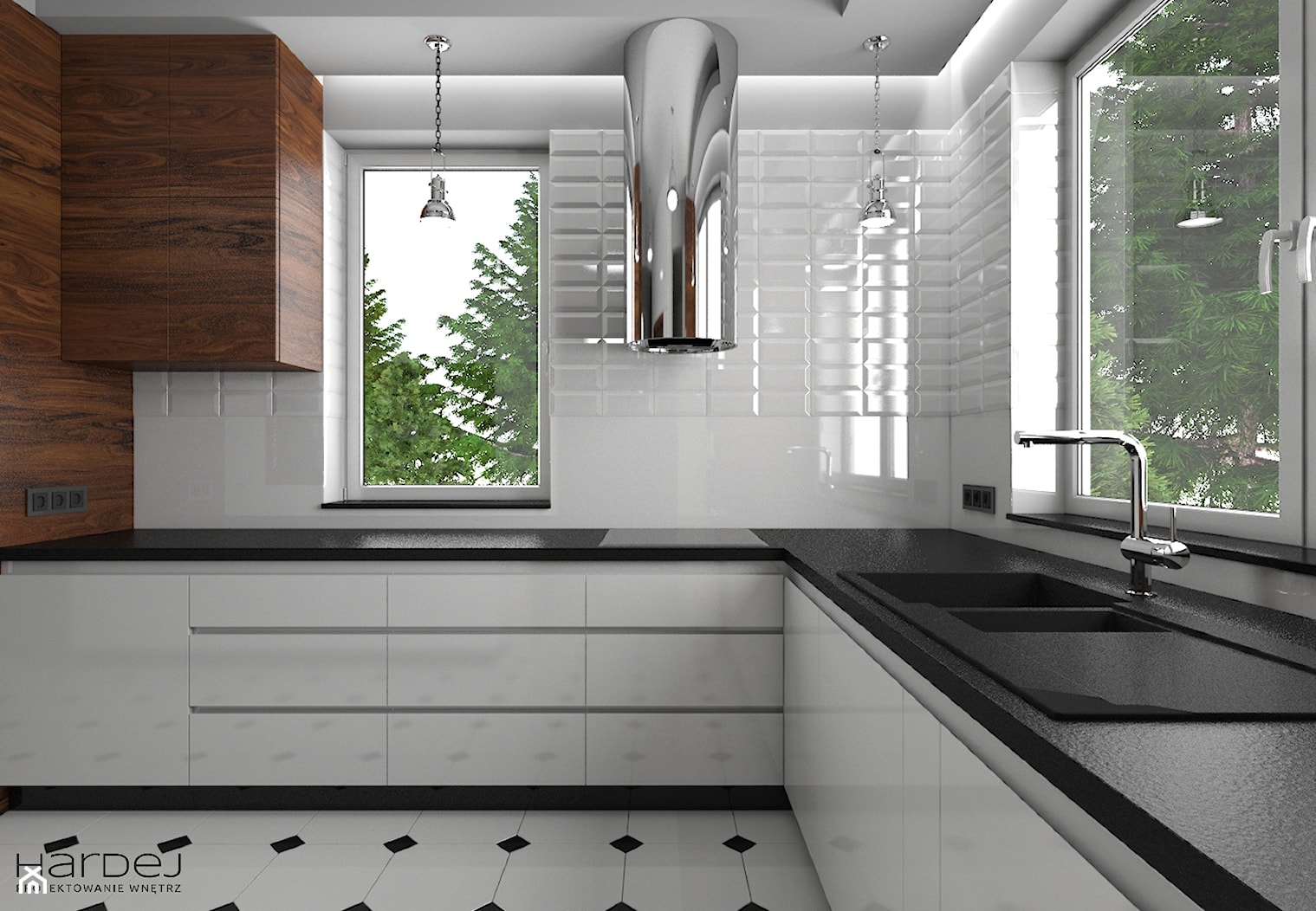 Nowoczesna biała kuchnia stalowy okap wyspowy fronty frezowane bez uchwytów - zdjęcie od Monika Hardej Architekt - Homebook