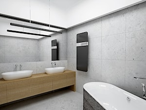 Czarno-szaro-brązowa łazienka - Średnia bez okna z lustrem z dwoma umywalkami łazienka, styl nowoc ... - zdjęcie od Monika Hardej Architekt