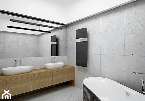 Czarno-szaro-brązowa łazienka - Średnia bez okna z lustrem z dwoma umywalkami łazienka, styl nowoczesny - zdjęcie od Monika Hardej Architekt