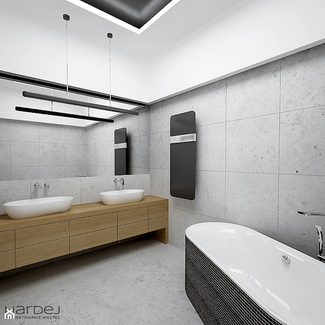 Czarno-szaro-brązowa łazienka - Średnia bez okna z lustrem z dwoma umywalkami łazienka, styl nowoc ... - zdjęcie od Monika Hardej Architekt - Homebook