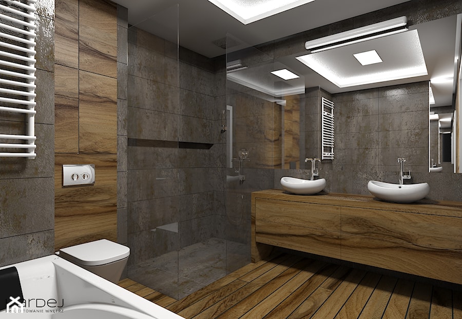 Ciemnoszara łazienka drewniana podłoga ciepłe drewniane fronty - zdjęcie od Monika Hardej Architekt