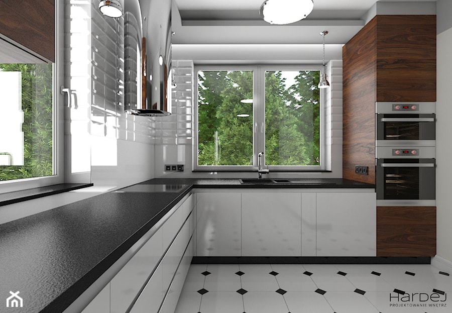 Kuchnia w stylu nowoczesnym - Średnia zamknięta z kamiennym blatem biała z zabudowaną lodówką z nablatowym zlewozmywakiem kuchnia w kształcie litery l z oknem, styl nowoczesny - zdjęcie od Monika Hardej Architekt