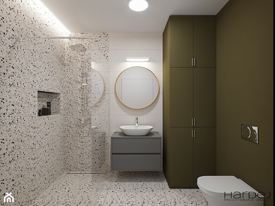 Niewielka łazienka w połączeniu lastriko lastrico i zieleni w stylu PRL - zdjęcie od Monika Hardej Architekt