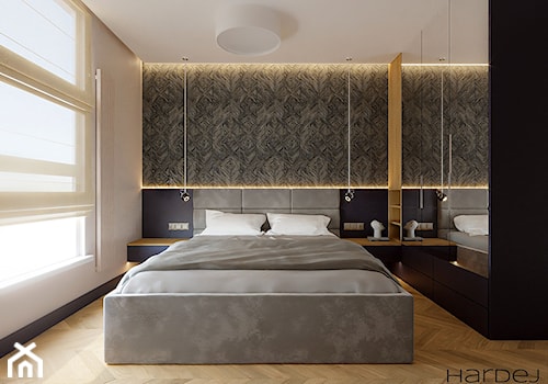 Przytulna jasna sypialnia z elementami w odcieniach granatu - zdjęcie od Monika Hardej Architekt