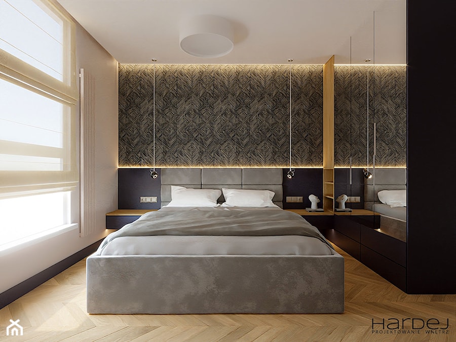 Przytulna jasna sypialnia z elementami w odcieniach granatu - zdjęcie od Monika Hardej Architekt