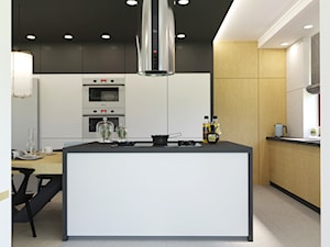 Projekt wnętrz dom w Nowej Wsi Lęborskiej - Średnia otwarta z salonem biała z zabudowaną lodówką kuchnia w kształcie litery l z wyspą lub półwyspem z oknem, styl skandynawski - zdjęcie od KIM_Architekci