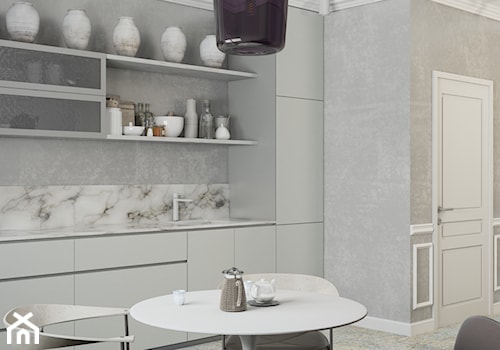 Apartament eklektyczny dla rodziny - Średnia otwarta szara z podblatowym zlewozmywakiem kuchnia jednorzędowa z marmurem nad blatem kuchennym, styl nowoczesny - zdjęcie od yasyasemenets