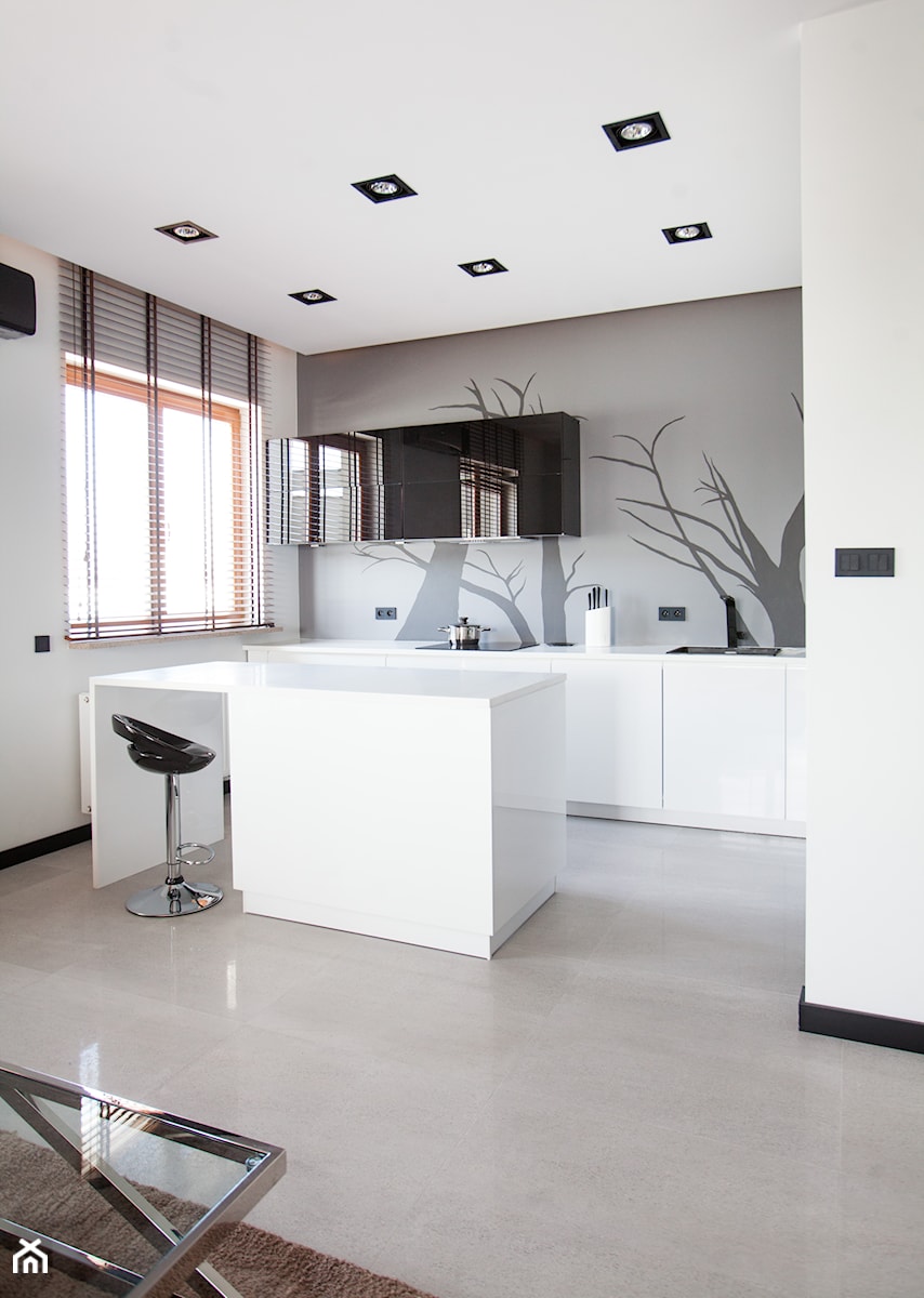 Apartament w męskim stylu - Mała z salonem biała szara z podblatowym zlewozmywakiem kuchnia jednorzędowa z wyspą lub półwyspem, styl nowoczesny - zdjęcie od Mieszkanie pod klucz