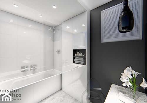 Czarno - biała łazienka - Średnia z lustrem z punktowym oświetleniem łazienka z oknem, styl glamour - zdjęcie od Warsztat Zewnetrza Olga Pawlowska