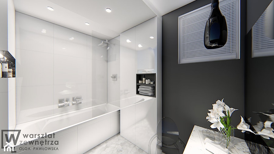 Czarno - biała łazienka - Średnia z lustrem z punktowym oświetleniem łazienka z oknem, styl glamour - zdjęcie od Warsztat Zewnetrza Olga Pawlowska