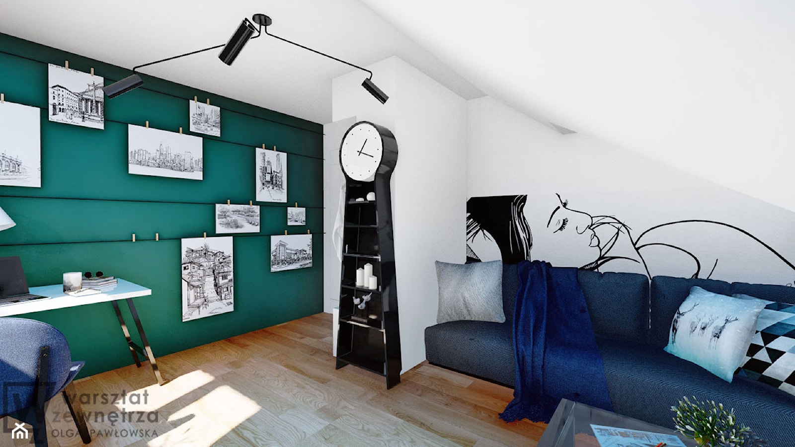 Pokój na poddaszu z zieloną ścianą - Średni biały zielony pokój dziecka dla nastolatka dla chłopca, styl nowoczesny - zdjęcie od Warsztat Zewnetrza Olga Pawlowska - Homebook