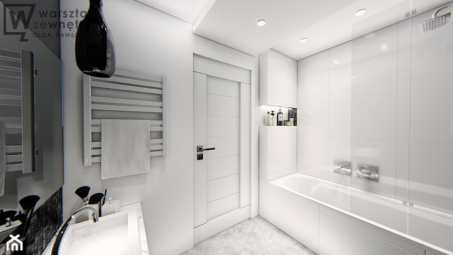 Czarno - biała łazienka - Średnia bez okna z lustrem z punktowym oświetleniem łazienka, styl glamour - zdjęcie od Warsztat Zewnetrza Olga Pawlowska