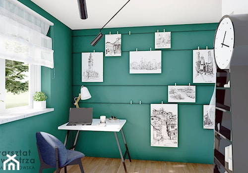 Pokój na poddaszu z zieloną ścianą - Mały biały zielony pokój dziecka dla nastolatka dla chłopca, styl nowoczesny - zdjęcie od Warsztat Zewnetrza Olga Pawlowska