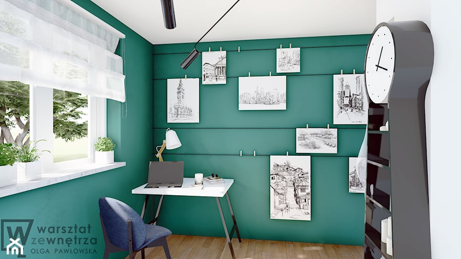 Pokój na poddaszu z zieloną ścianą - Mały biały zielony pokój dziecka dla nastolatka dla chłopca, styl nowoczesny - zdjęcie od Warsztat Zewnetrza Olga Pawlowska