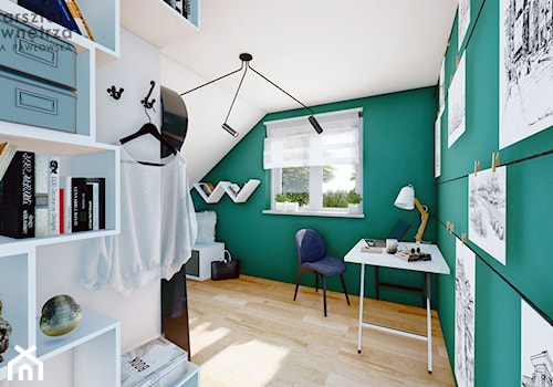 Pokój na poddaszu z zieloną ścianą - Duży biały zielony pokój dziecka dla nastolatka dla chłopca, s ... - zdjęcie od Warsztat Zewnetrza Olga Pawlowska