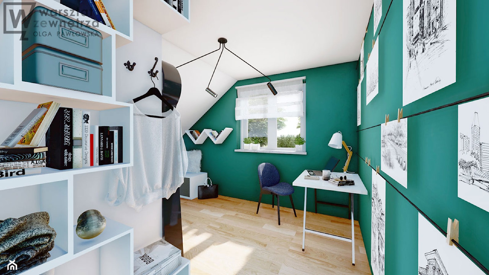Pokój na poddaszu z zieloną ścianą - Duży biały zielony pokój dziecka dla nastolatka dla chłopca, styl nowoczesny - zdjęcie od Warsztat Zewnetrza Olga Pawlowska - Homebook