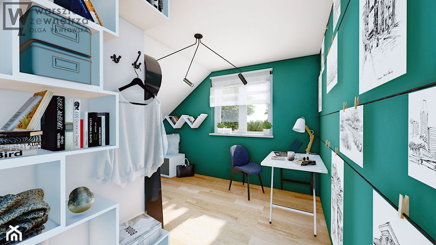 Pokój na poddaszu z zieloną ścianą - Duży biały zielony pokój dziecka dla nastolatka dla chłopca, styl nowoczesny - zdjęcie od Warsztat Zewnetrza Olga Pawlowska