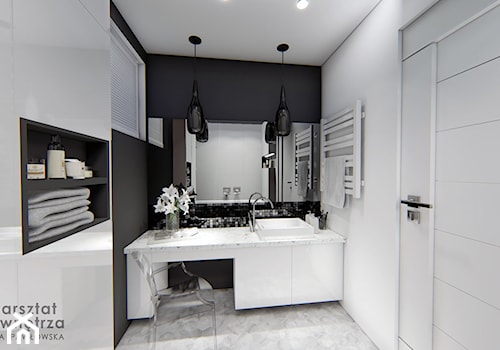 Czarno - biała łazienka - Średnia bez okna z punktowym oświetleniem łazienka, styl glamour - zdjęcie od Warsztat Zewnetrza Olga Pawlowska