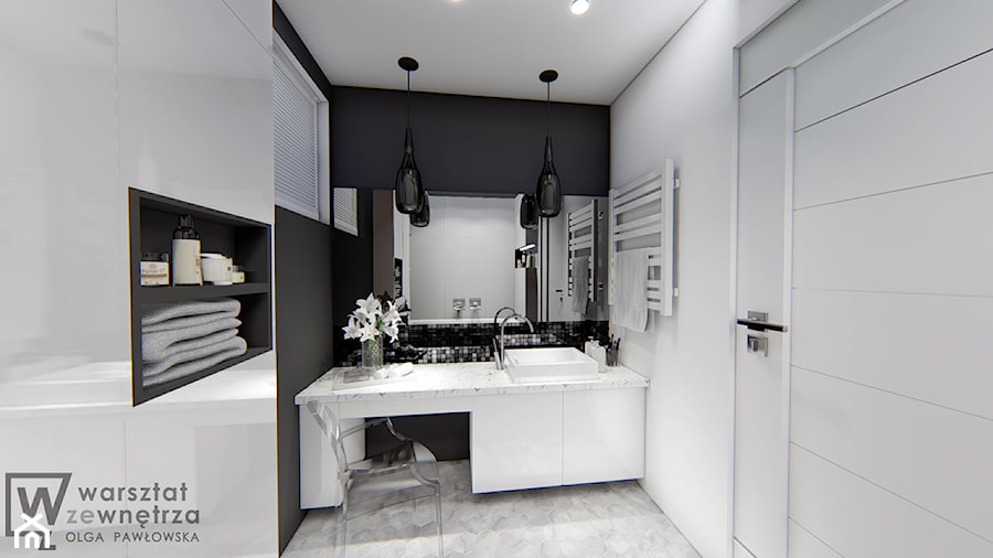Czarno - biała łazienka - Średnia bez okna z punktowym oświetleniem łazienka, styl glamour - zdjęcie od Warsztat Zewnetrza Olga Pawlowska