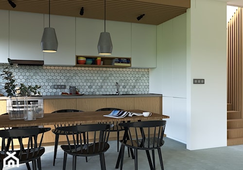 Projekt wnętrza domu w Knurowie - Średnia otwarta z kamiennym blatem biała szara z zabudowaną lodówką z podblatowym zlewozmywakiem kuchnia jednorzędowa z oknem, styl skandynawski - zdjęcie od MOM_Project
